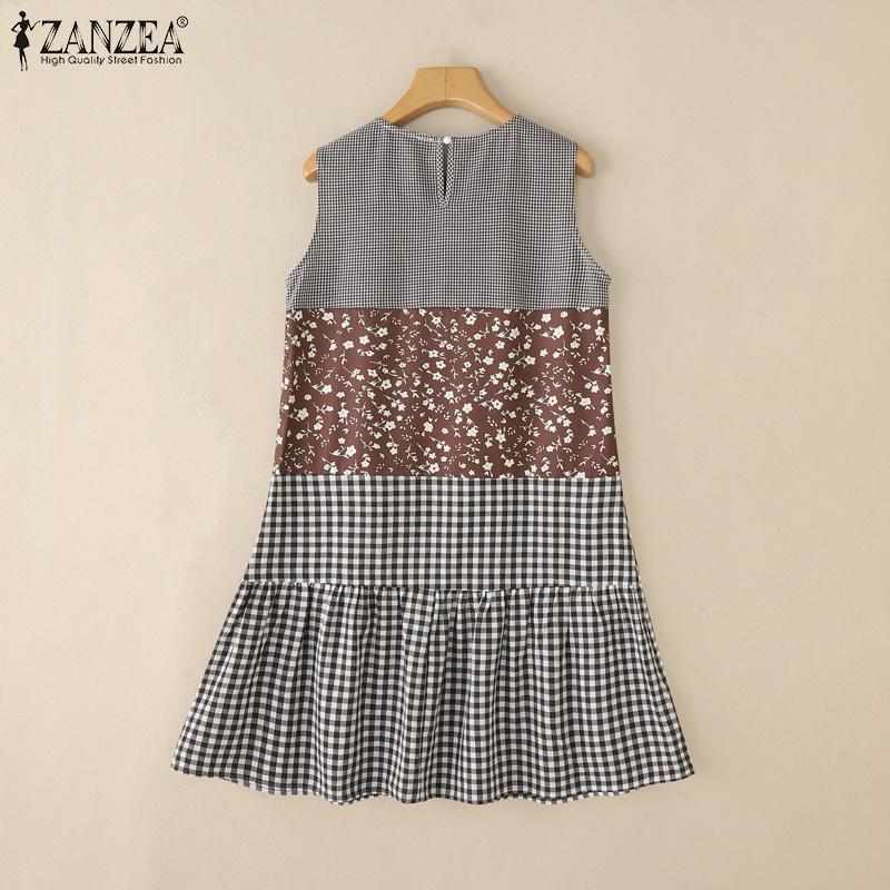 ZANZEA Women Floral Print Patchwork Summer Sleeveless Plaid Dress