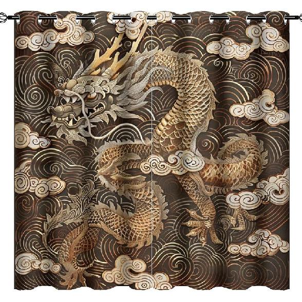 

Традиционные китайские шторы блэкаут с драконом, Фэнтезийные облака, Золотые азиатские шторы на люверсах, Теплоизолирующие шторы для спальни, гостиной, 2 21 W x 45 L (Pack of 2)