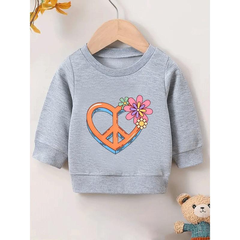 European sizes Cute Print Pattern 0-3 Years Old Kids Spring Thin Round Neck Sweatshirt Orange And Peace Symbol with Colorful Flowers Design