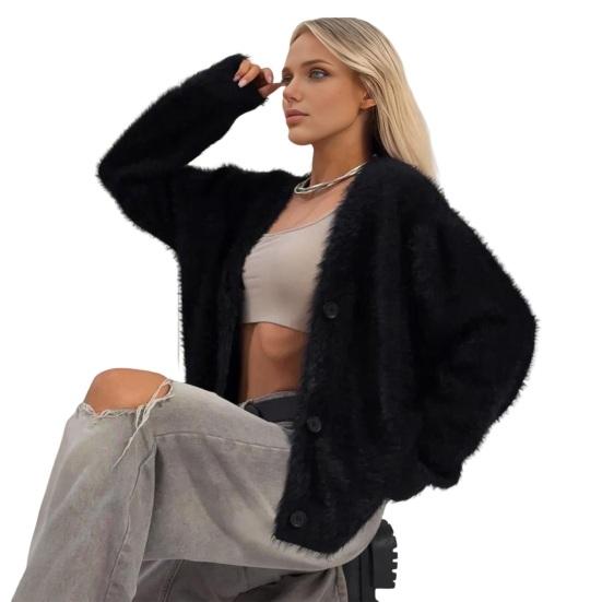 Women Sweater Coat V-Neck Long Sleeve Buttons Placket Knitting Coat Pure Color Elastic Fabric Loose Fit Casual Sweater