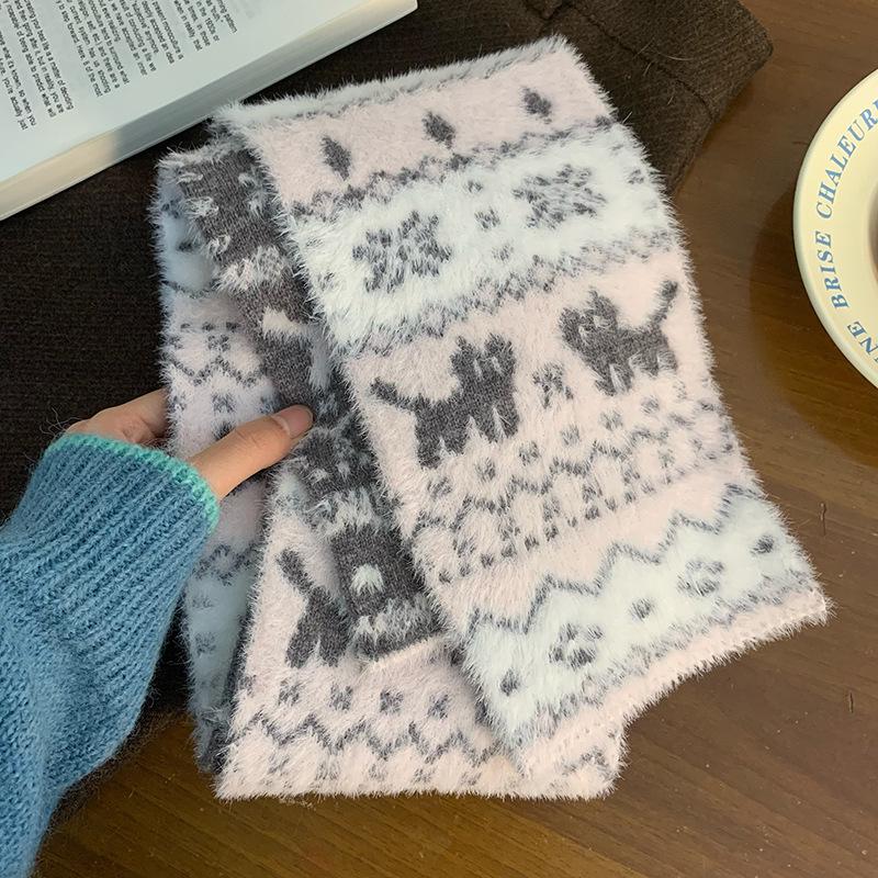 Luochi Fair Isle Cartoon Cat & Dog Knit Scarf – Cozy Autumn/Winter Jacquard Neck Warmer 135-175CM