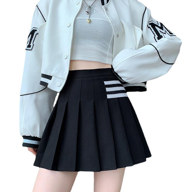 Women's Summer High Waist Pleated Mini Skirt - Striped A-Line College Style