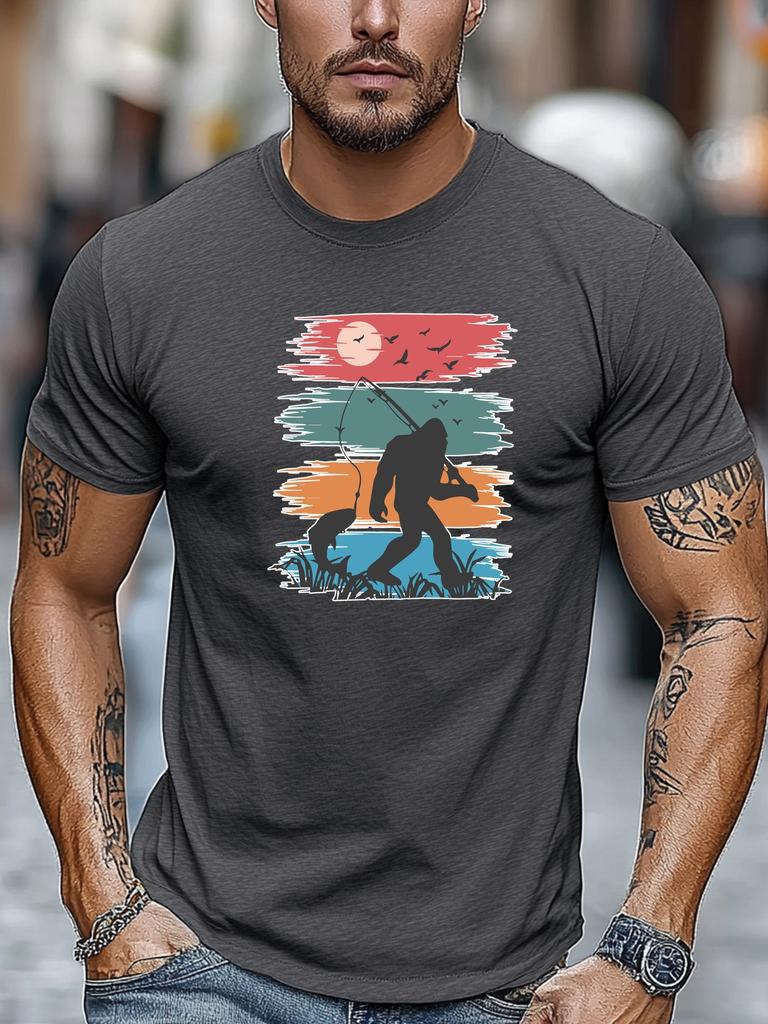 Mens Summer Fishing TShirt Bigfoot Catch Fish Print Short Sleeve Round Neck Breathable Soft Outdoor Daily Wear