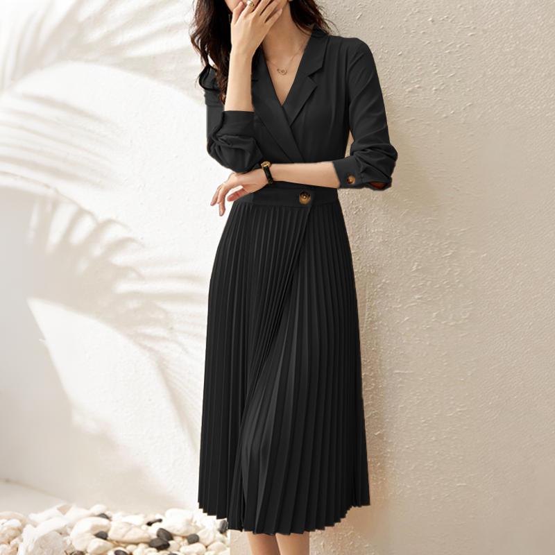 ZANZEA Rochie Casual Femei cu Rever Crestat, Mâneci Lungi Largi, Plisată