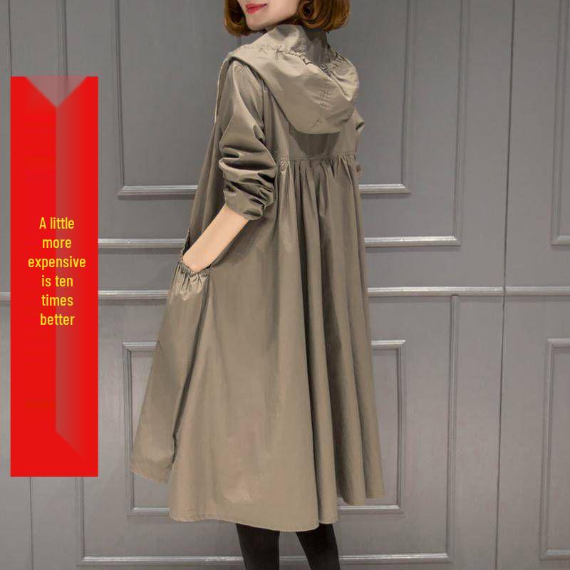 2025 Spring/Autumn Korean Style Mid-Length Over-the-Knee Trench Coat with Lining - Loose Fit, Plus Size