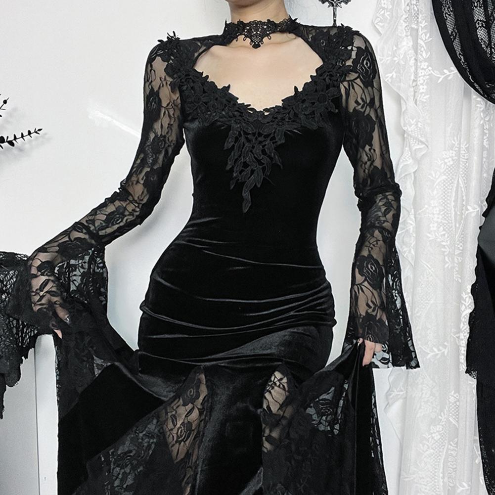 Women Cosplay Dress Dark Style Halloween Party Costume Lace Patchwork Flower Embroidery Fish Tail Hem Long Sleeves Tight Waist A