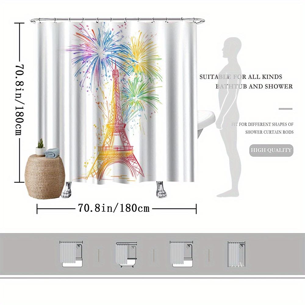 Parisian Celebration Curtain, Eiffel Tower & Fireworks, Multicolor, Fade-Resistant, 12 Hooks, 72"x72", Stylish Bath Accessory