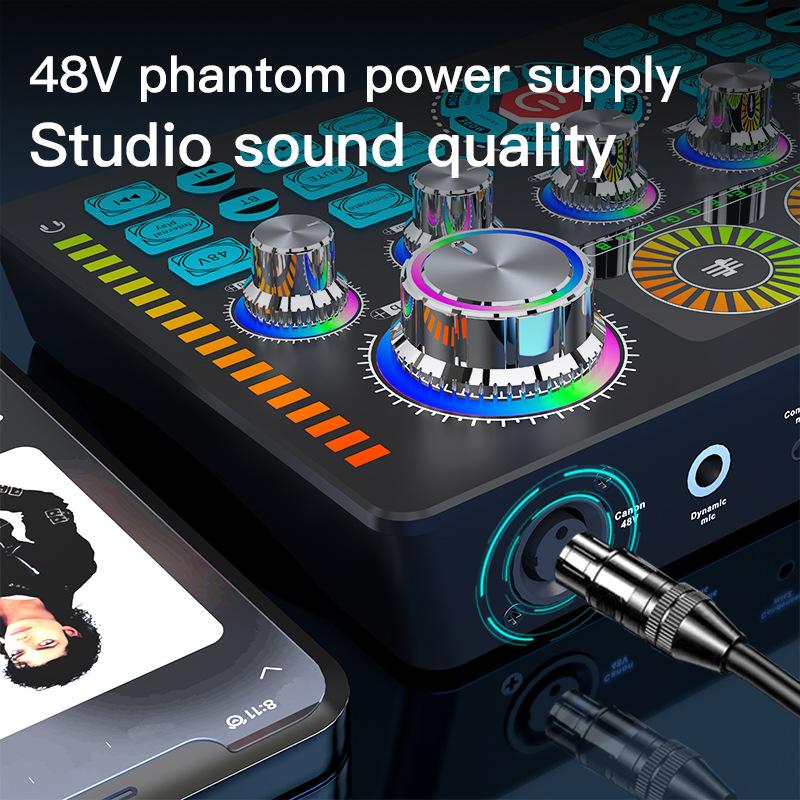 

Q7 Live Sound Card Звуковой микшер Подкаст Караоке Домашняя студия Запись Профессиональная звуковая карта Bluetooth Микрофонный микшер Изменение голоса