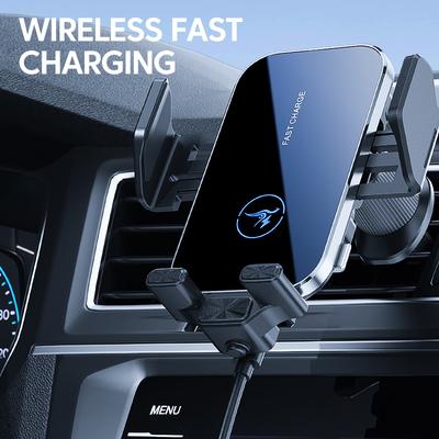 Cargador inalámbrico para coche con carga rápida y sujeción automática para iPhone, Samsung y Android.