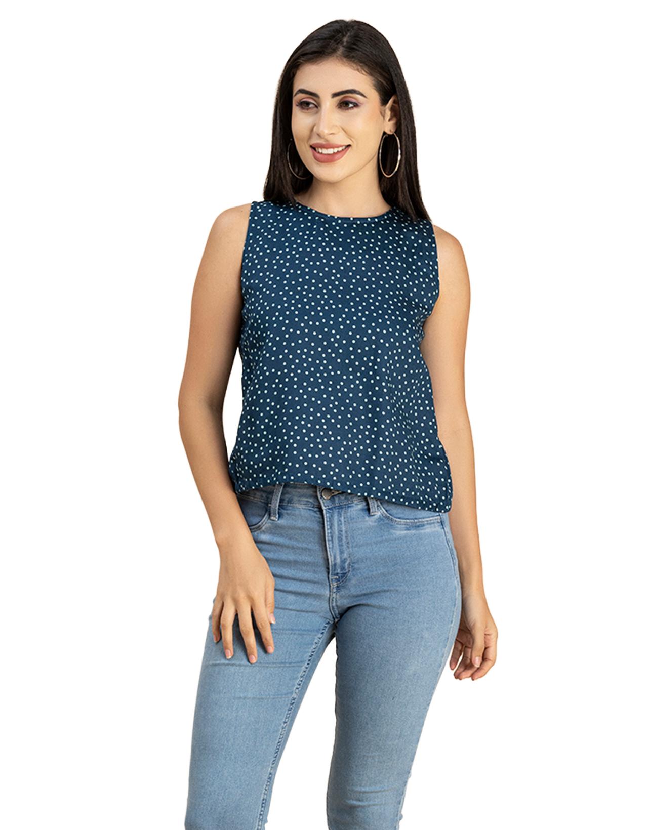 

Жіноча безрукавка Moomaya з роздільною спинкою, топ без рукавів з круглим вирізом і принтом XXL синій