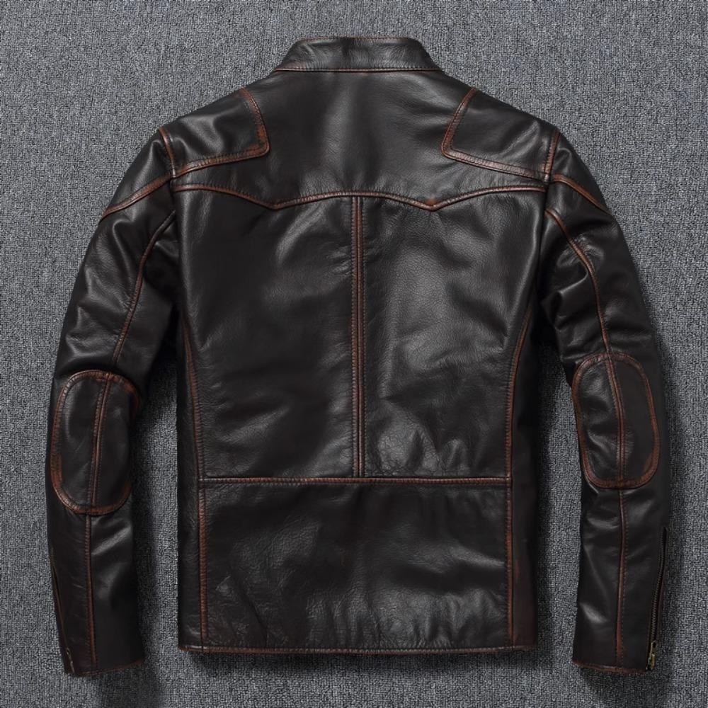 Style RL Top Layer Oil Waxed Cowhide Real Leather Jacket Men Stand Collar Brown Motorcycle Coat Men's Biker Jacket Spring Autumn