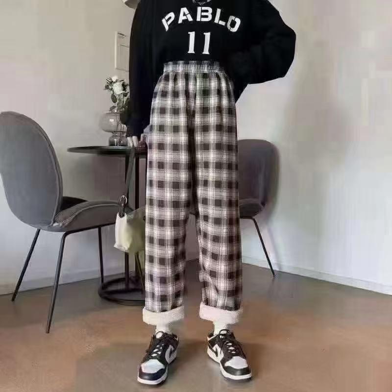 Women's High-Waisted Plaid Wide-Leg Pants - Autumn/Winter Casual Velvet Trousers