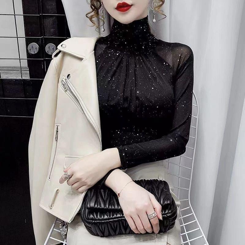 Women's Slim Fit Semi-High Neck Mesh Sequin Top - Long Sleeve, Autumn/Winter 2025