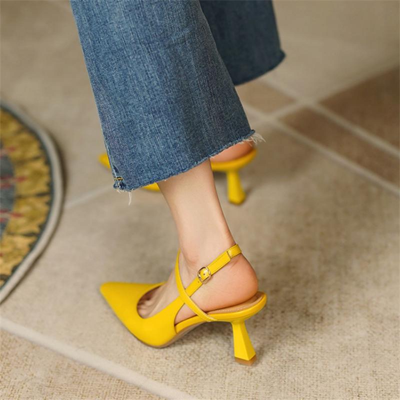 Neue Frühling Leder Slingbacks Pumps Mode Spitzschuh Flach 6cm Hohe Absätze Schnallenschuh Absätze Für Damen Kleiderschuhe