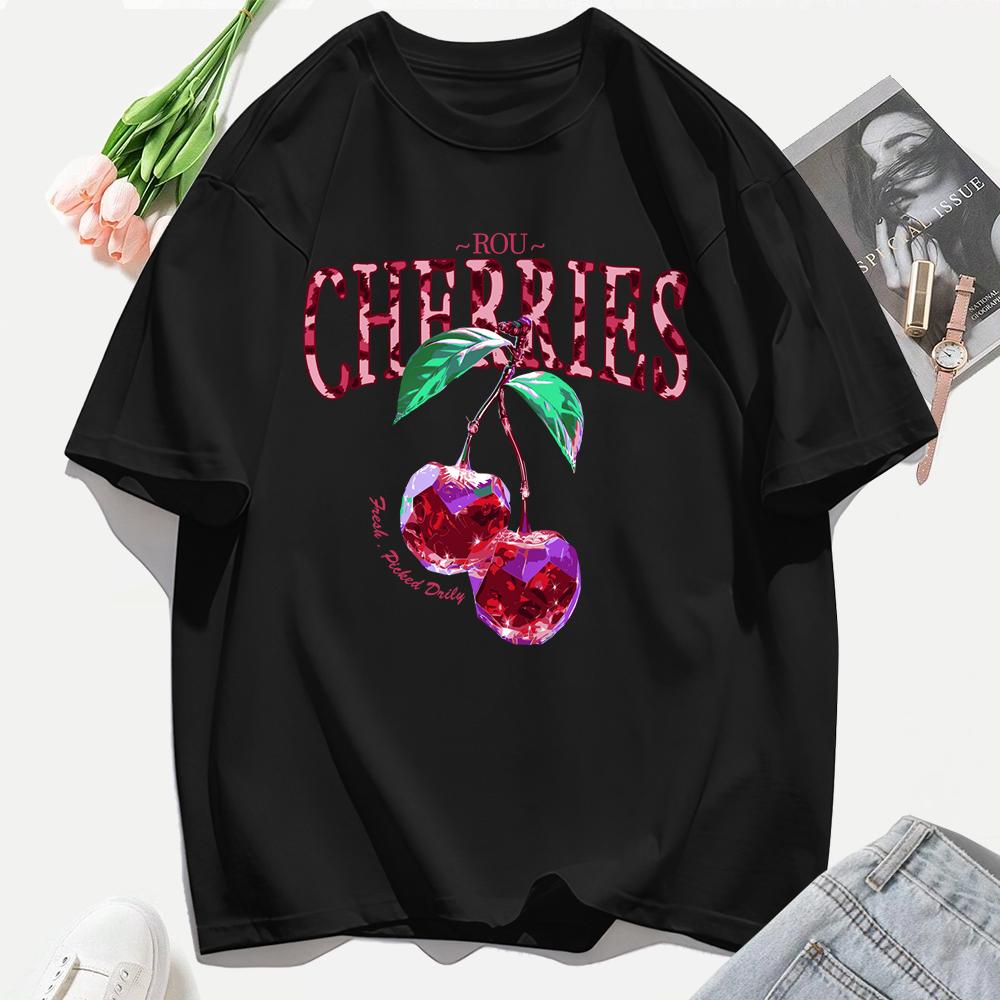 Crystal Cherries Printing Tee Shirt Woman Summer Cotton Tee Tops O-Neck Casual T Shirts Oversized All-Match Short Sleeve