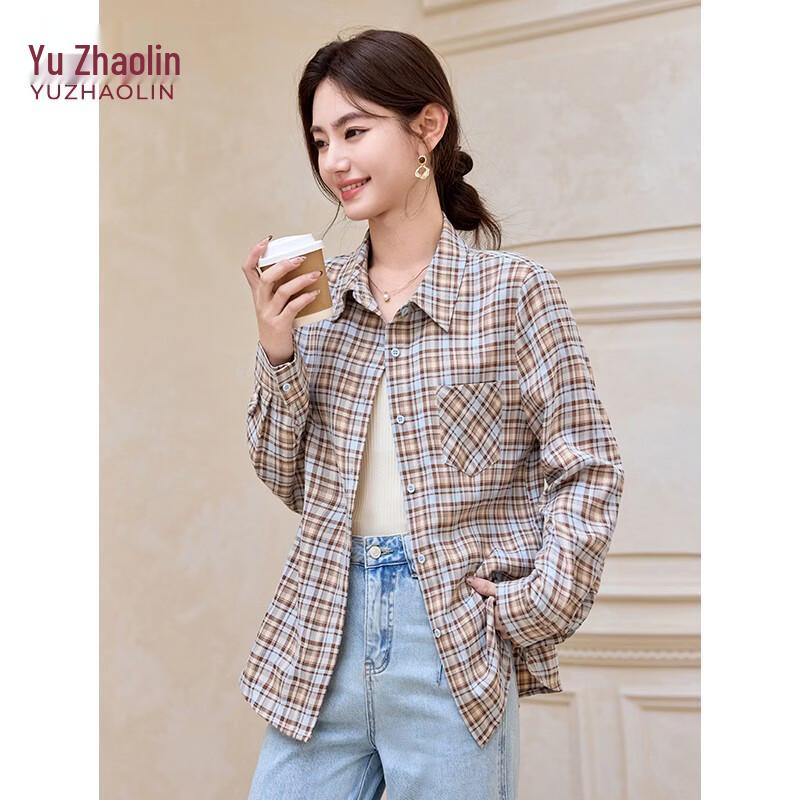 YUZHAOLIN Women s Hong Kong Style Plaid Long Sleeve Shirt M