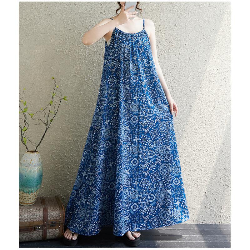 

Реальное фото Лето Новое Богемное Утолщенное Плюс Без рукавов На бретелях С принтом Платье средней длины Женское L королевский синий