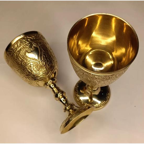 Set van 2 Wijnglazen Massief Messing Wijnkelk Glas Handgemaakt Gegraveerd Messing Reliëf Kelk Kelk
