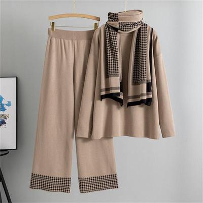Damen Herbst- und Wintermode Temperamentvolles Set Schal Rollkragenpullover Lockere Weitbein-Hose Lässiges Dreiteiliges Set