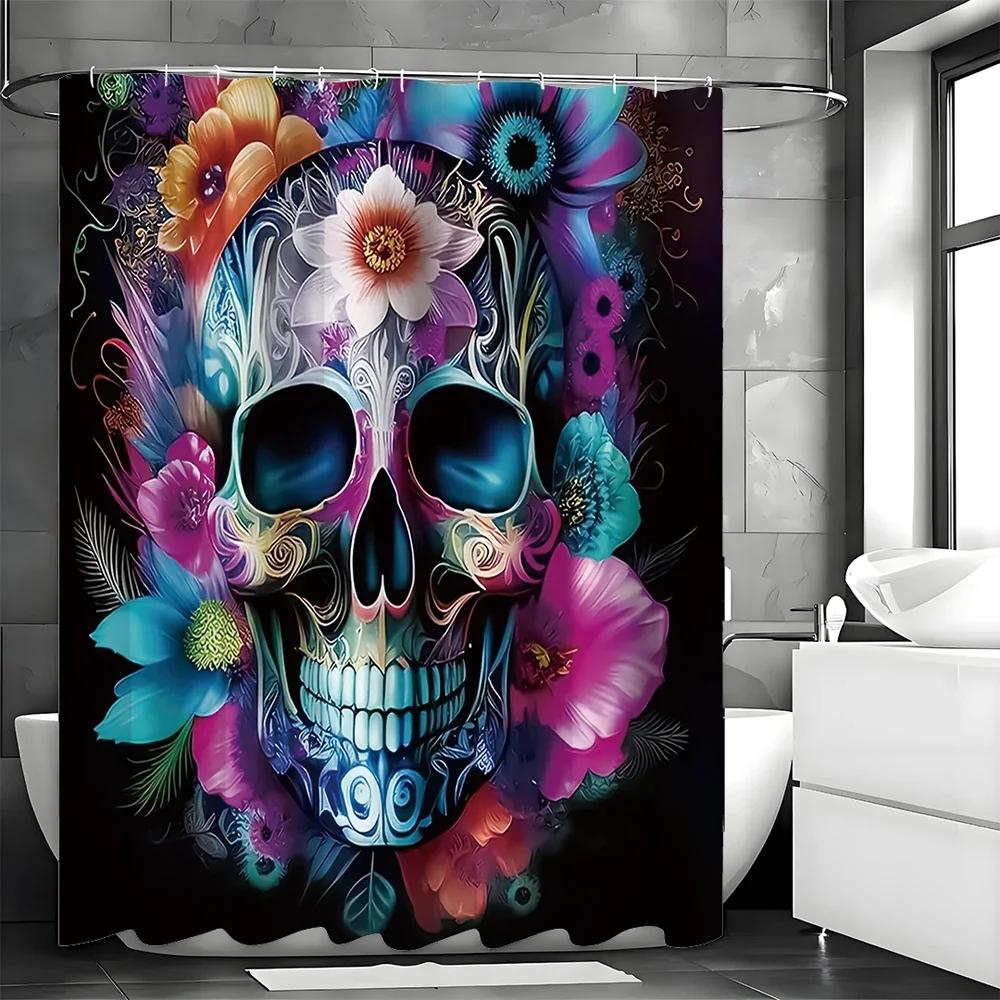 YXSkull Flower Shower Curtain, Bathroom Decorative Shower Curtain, Waterproof Shower Curtain with Hooks