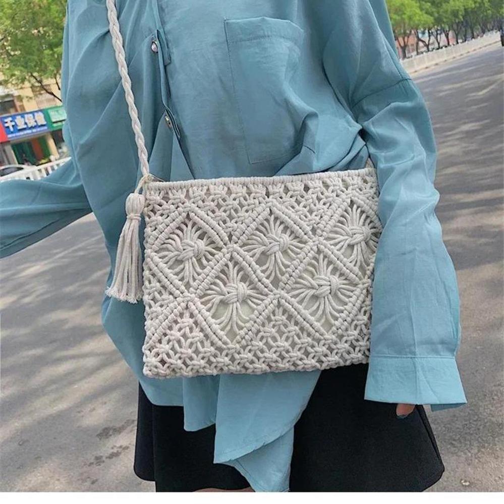 1 Pcs Woven Bag With Crossbody Cotton Thread Tassel Artistic Style Japanese And Korean Style Beach Bag Vacation Travel Bag