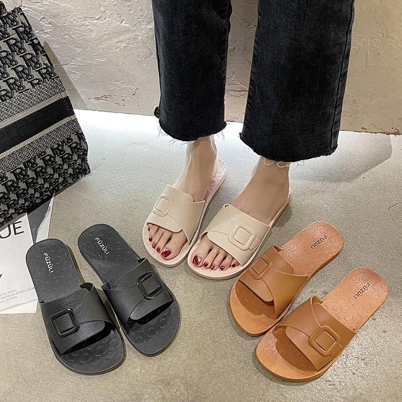 New summer women's slippers home solid color round head one-character sandals casual simple student flat slippers outside wear