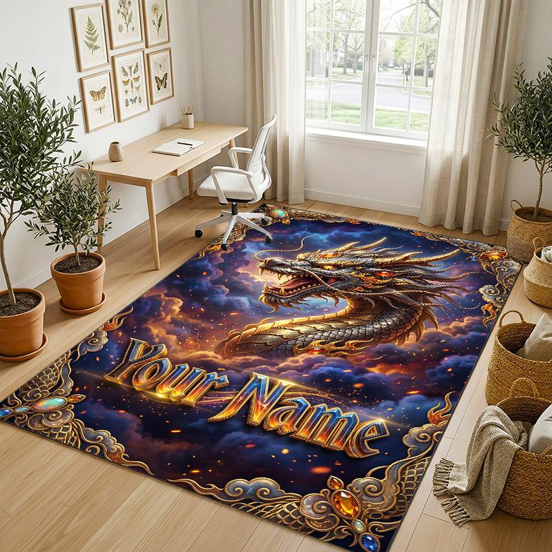 Dragon Phoenix Theme Crystal Velvet Rug Personalized Custom Name Text Soft Floor Mat Home Decor