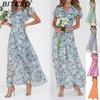 6 Color V-neck Ruffle Maxi Dress Short Sleeves Fitted Waist High Waist Flowy Hem Cute Floral Chiffon Dress Women Clothing