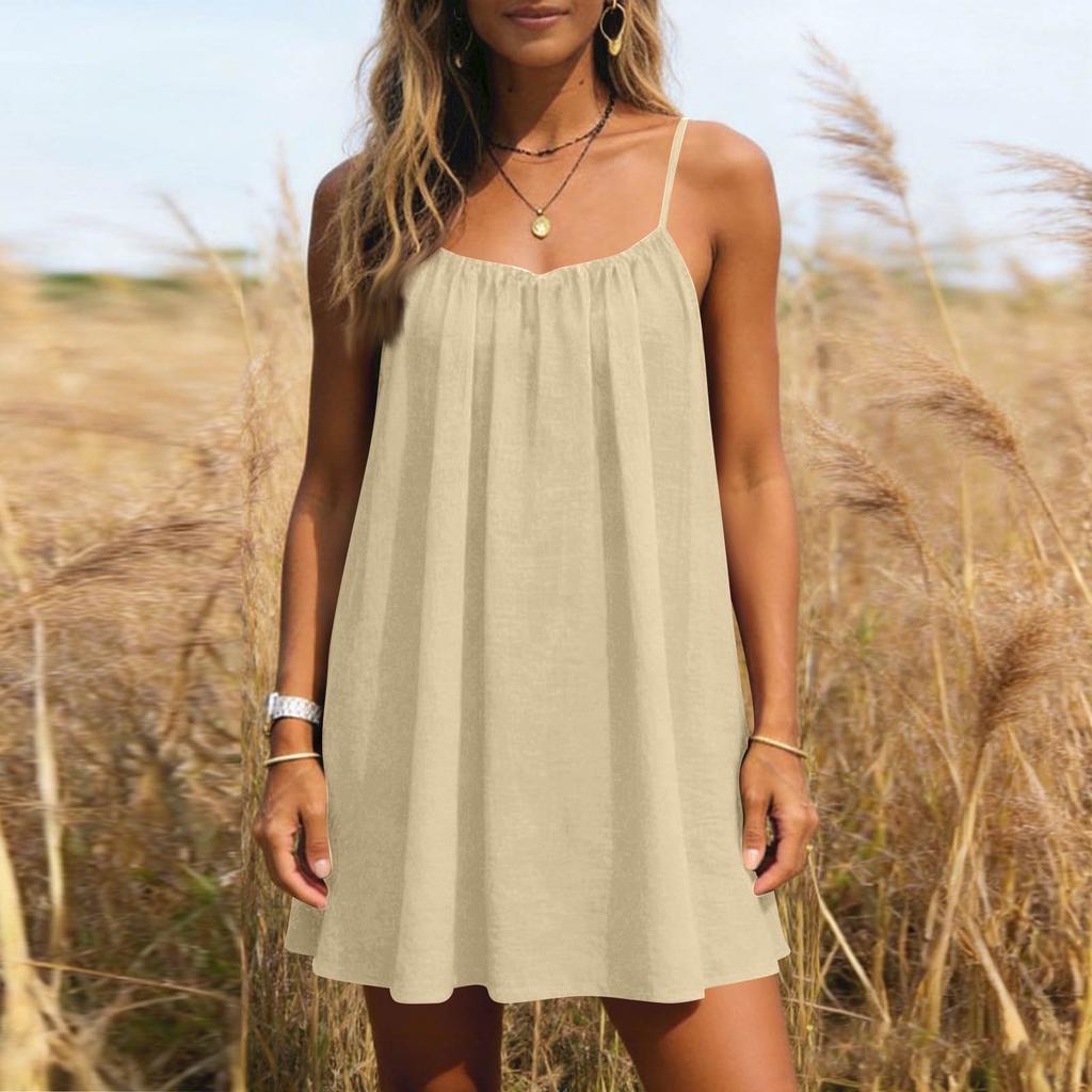 Women's Backless Spaghetti Strap Dress, Sleeveless Thin-strapped Flowy Beach Vacation Short Dress, With Back Tie.