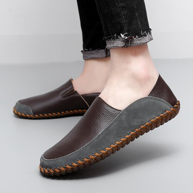 Men's Slip on Moccasins Driving Shoes Casual Loafers Retro Handmade Leather Outdoor Black Wide Shoes for Father Large Size