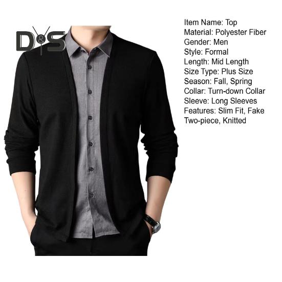 Homens Primavera Outono Top Falso Camisa de Duas Peças E Cardigan Patchwork Malha Suéter Gola Dobrada Estilo Formal Casaco de Escritório