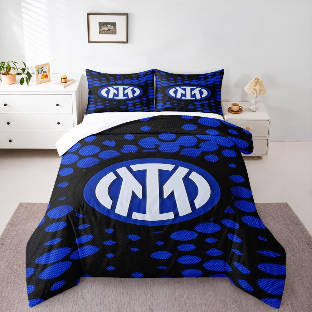 Blue and Black Bedding set with Logo Design. Bedding set (1 duvet cover, 2 pillowcases, duvet not included).