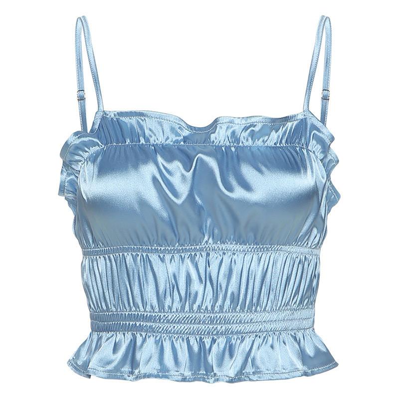 Summer Women Sexy Sling Straps Camisoles Ruched Ruffle Satin Streetwear Strapless Vest Crop tops Solid Slim Backless Club Camis