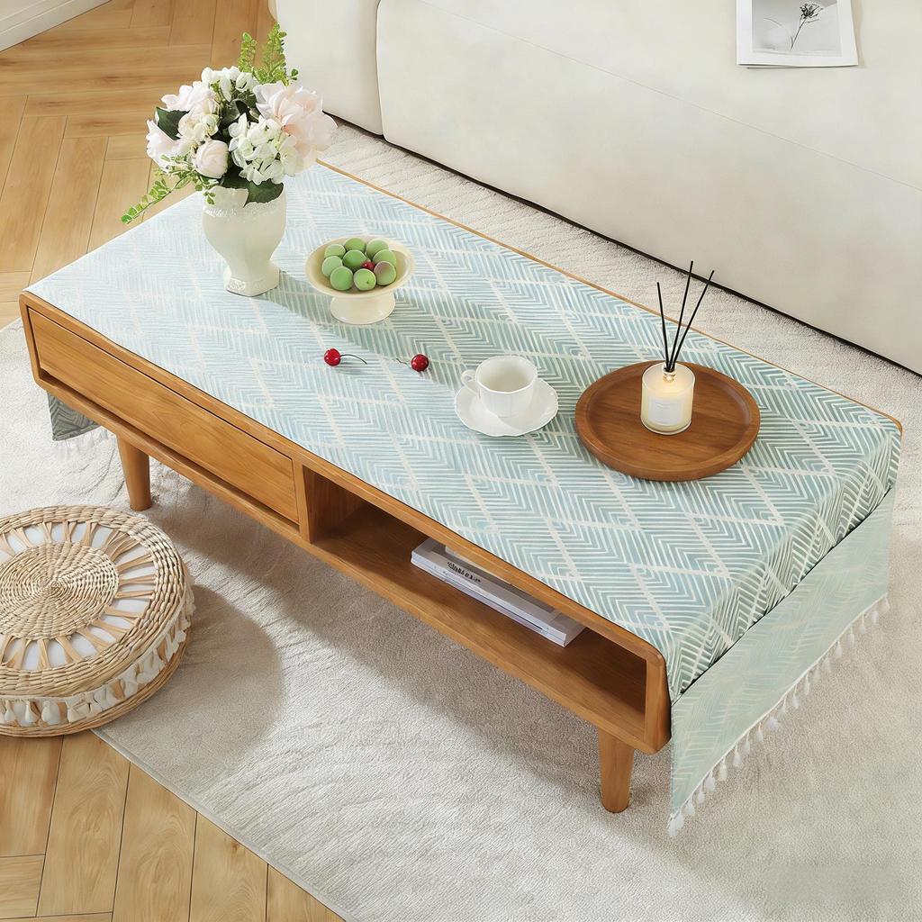 End Table Decoration Farmhouse Rectangular Cotton Coffee Table Cloth with Pockets