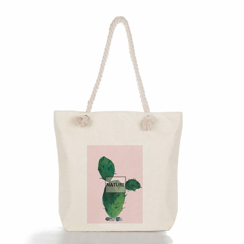 Marble green leaves print thick rope single-shoulder beach bag 7273 CLE