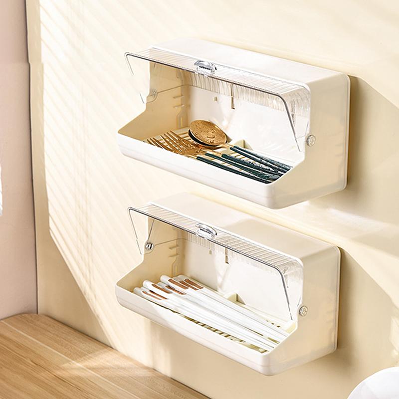 Plastic Wall Mounted Chopstick Storage Box Drainable Dustproof Tableware Storage Holder With Lid Large Capacity