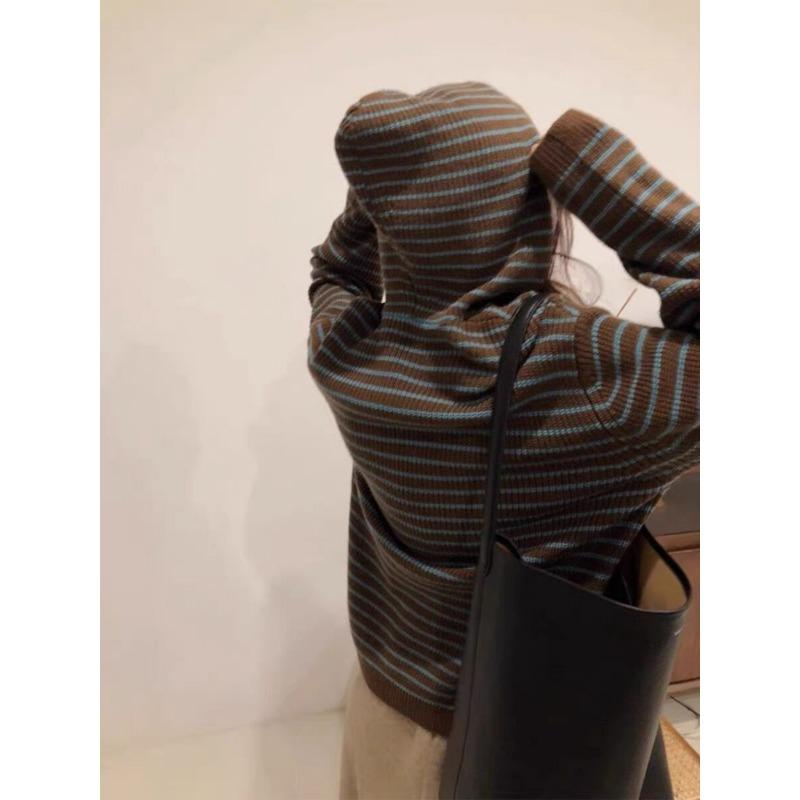 Vintage Striped Women's Hooded Sweater 2024 Autumn Winter New Loose Long Sleeve Casual Knitted Sweaters Tops Fashion Elegant Knit Clothes 2243