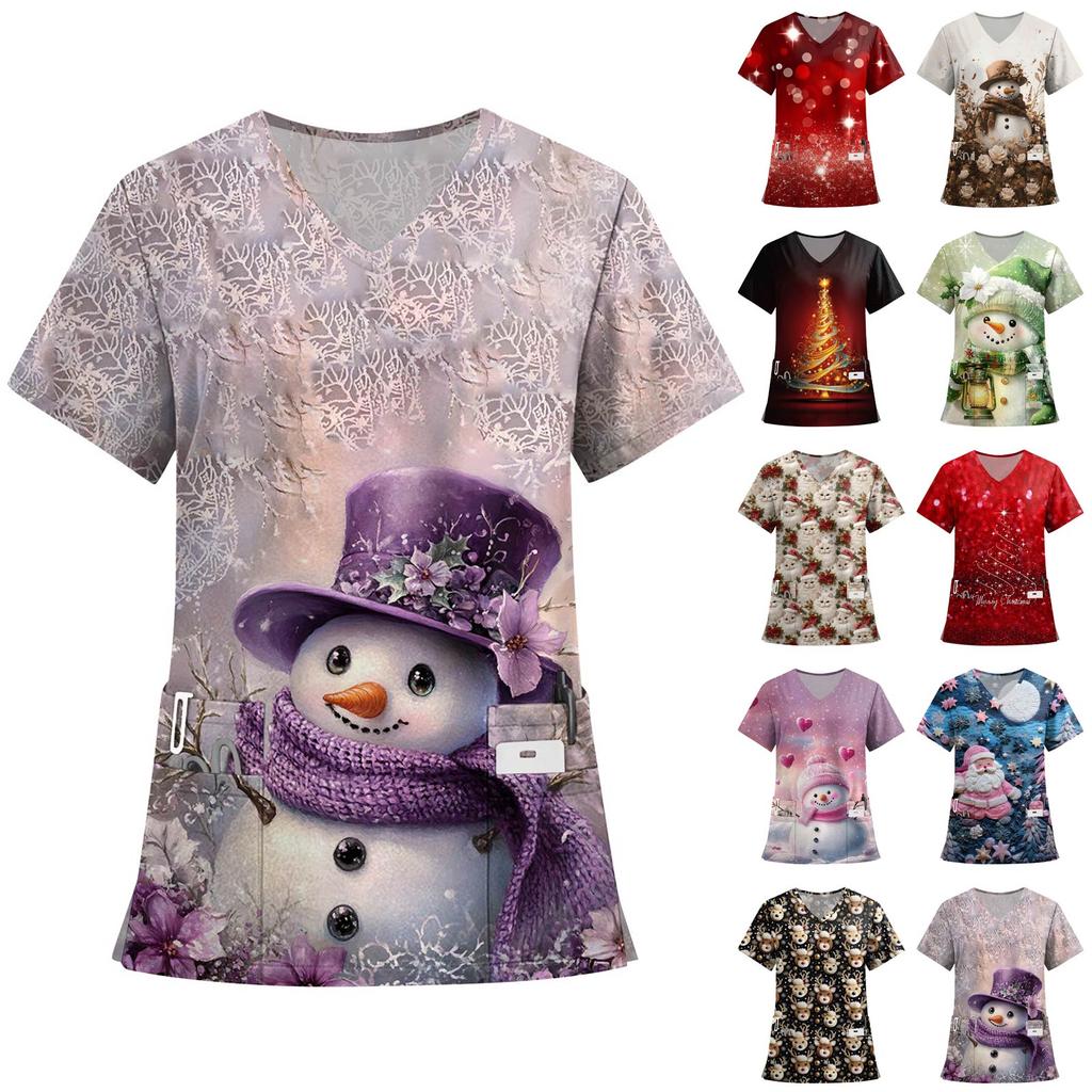 Women's Fashion Printed Short Sleeve V Neck Pattern Tops Pocket Working T-shirts