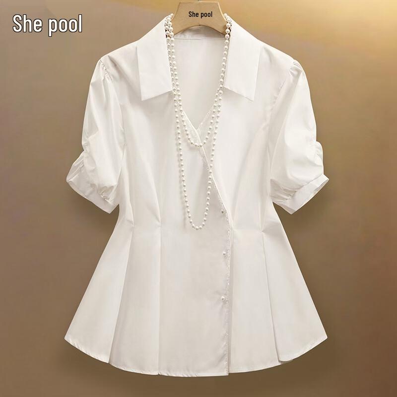 Women s Elegant Pleated Cinched Waist White Shirt L