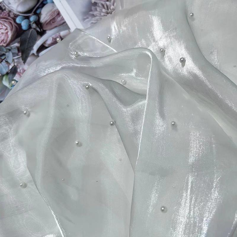 90x150cm Faux Pearl Organza Fabric for Dress Wedding DIY Sewing Bead Gauze Glossy Cloth Needlework Cloth Smooth Soft Material