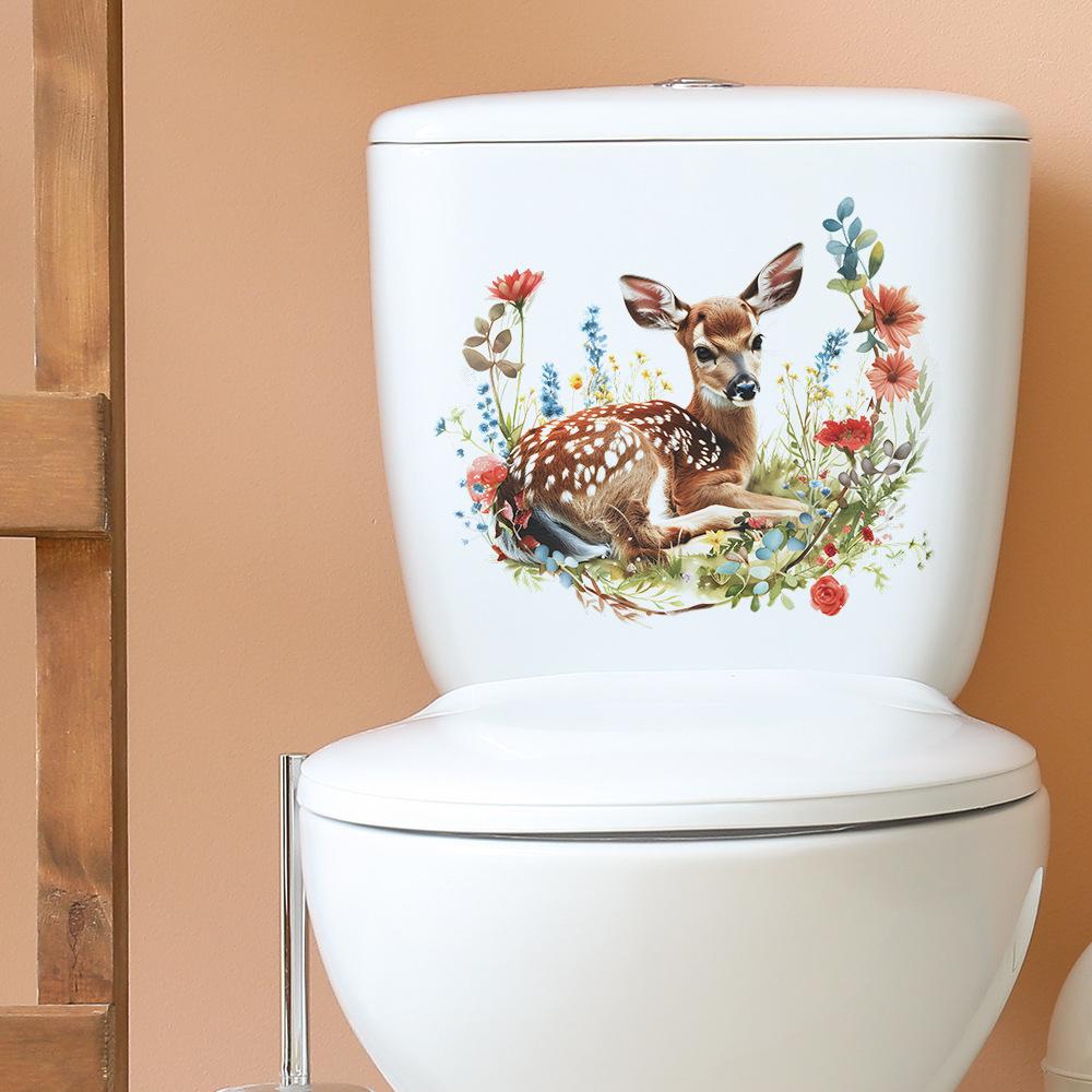 Fun-m116 Cartoon Sika Deer Flower Green Plant Toilet with Bathroom Bathroom Beautification Wall Sticker