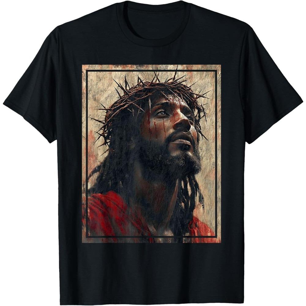Black Jesus Face of Jesus Cross with Crown of Thorns TShirt Printed Tshirt for Christian Believers Oneck Shortsleeve Tops S