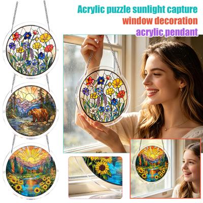 Acrylic Sun Catcher Window Hanging Ornament Featuring Bear and Mountain Landscape Design with Chain for Indoor Outdoor Decoration