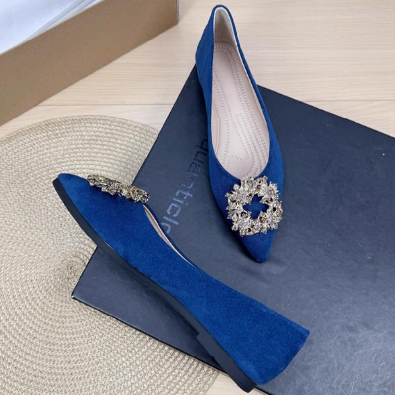 Women Luxury Pearl Crystal Buckle Flock Flats Pointed Toe Dough Shoes Spongy Insole For Tender Feet Comfortable Walking Slip-On
