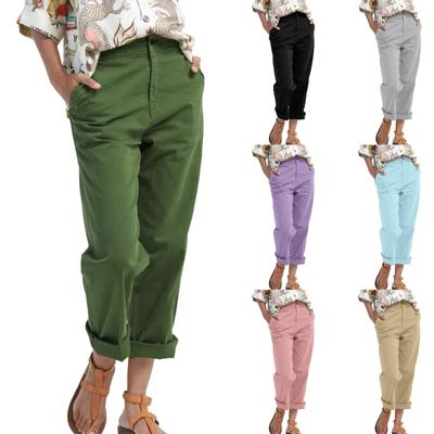 Calças casuais soltas de cor sólida femininas com bolsos, calças de perna reta, calças de terno