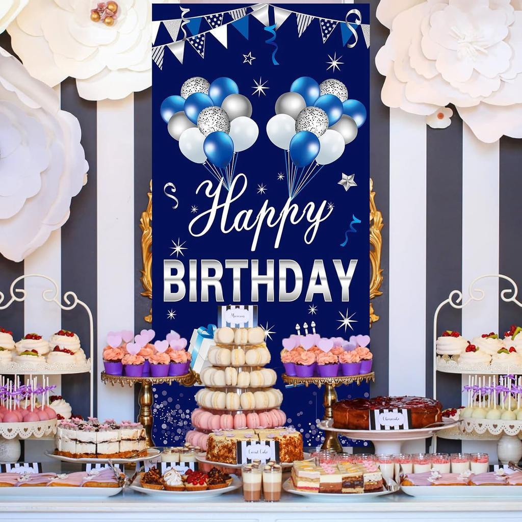 Blue Silver Happy Birthday Door Banner Decorations for Men Boys, Happy Birthday Door Cover Sign Party Supplies, 16th 21st 30th 40th 50th 60th