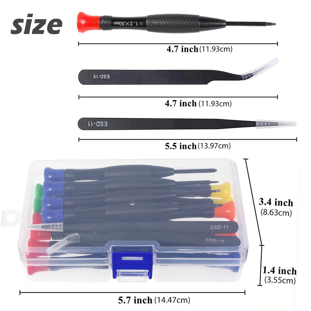 18Pcs Magnetic Screwdriver Set 0.8-3mm Micro Cross Screwdriver Kit Metric Pentagonal Torx Flat Head Screwdriver with Tweezers