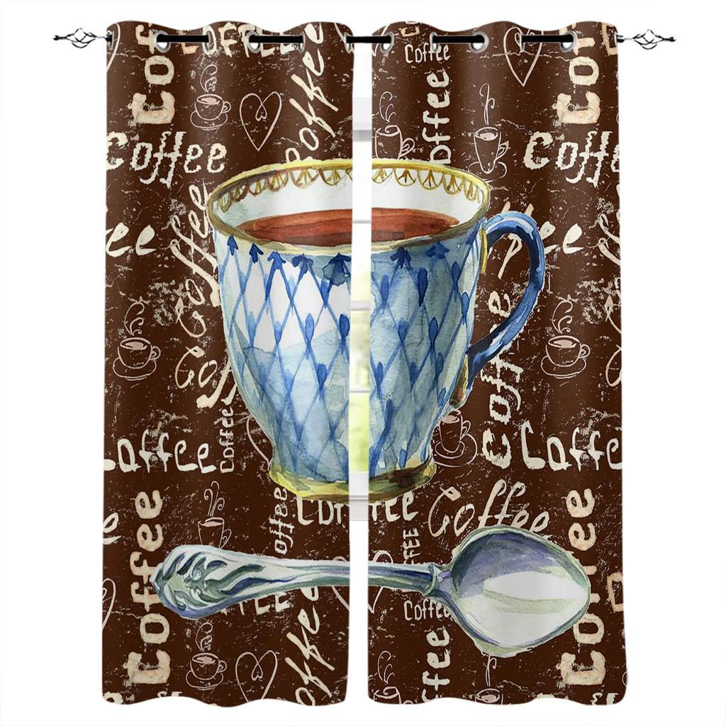 Coffee Text Graffiti Black Background Window Curtain for Living Room Bedroom Home Decor Kitchen for Window Drapes Cortinas 2pcs
