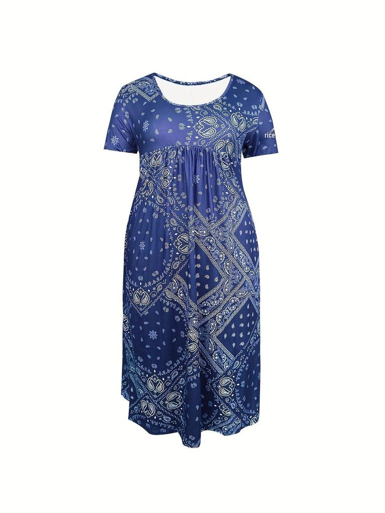 Sommer 2026 Boho-Stil Übergröße Bedrucktes Kleid mit Taschen für Damen