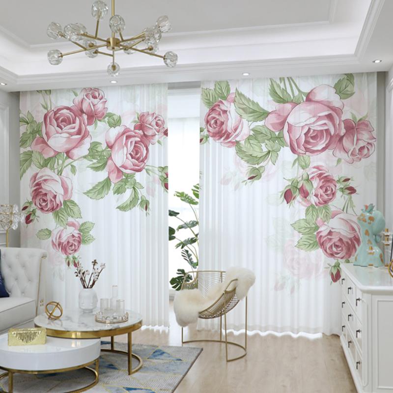 Pink Flower Curtain Green Plant Pastoral Decor Sheer Screen Curtain Living Room Bedroom Floor-to-ceiling Window Voile cortinas